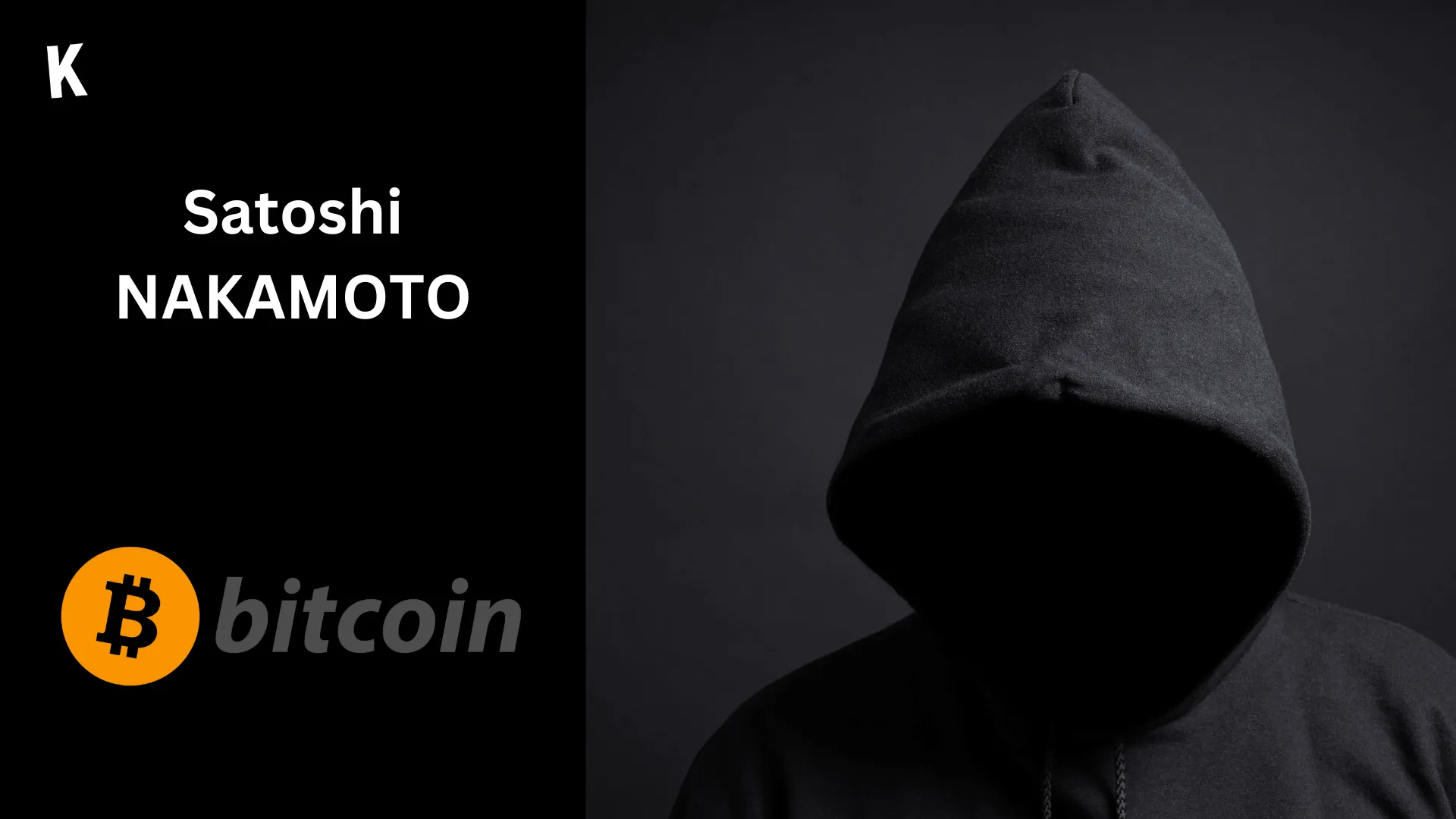 Une personne anonyme pour représenter Satoshi Nakamoto, avec le logo Bitcoin à gauche