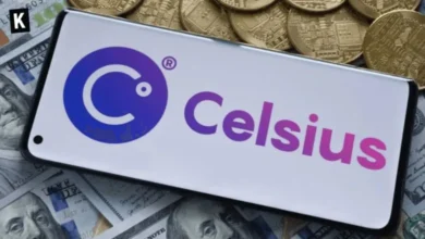 Celsius logo on phone with cash and crypto background