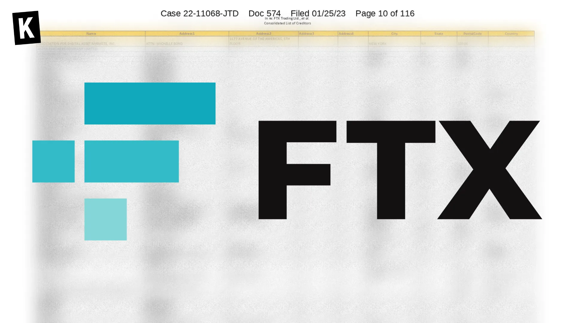 Logo de FTX sur une matrice de créancier floutée
