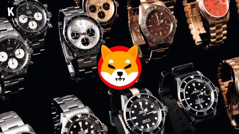 Shiba Inu logo, luxury Rolex watches in the background
