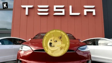 Dogecoin logo, Tesla dealership in the background