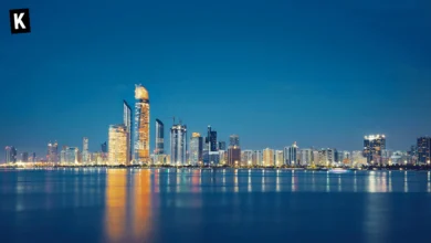 Skyline of Abu Dhabi by night from the sea