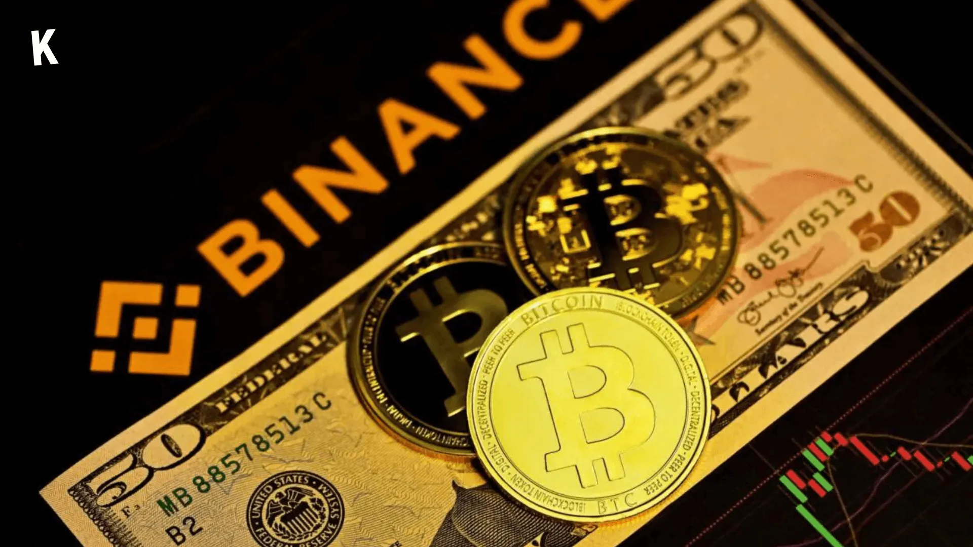 Bitcoins and a 50-dollar note on a background with Binance logo and a financial chart