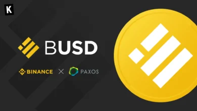 Logos of Binance, Paxos and BUSD on grey background