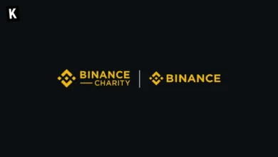 Yellow logos of Binance Charity and Binance on black background