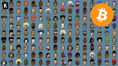 Patchwork of Cryptopunks with the Bitcoin logo in the top right