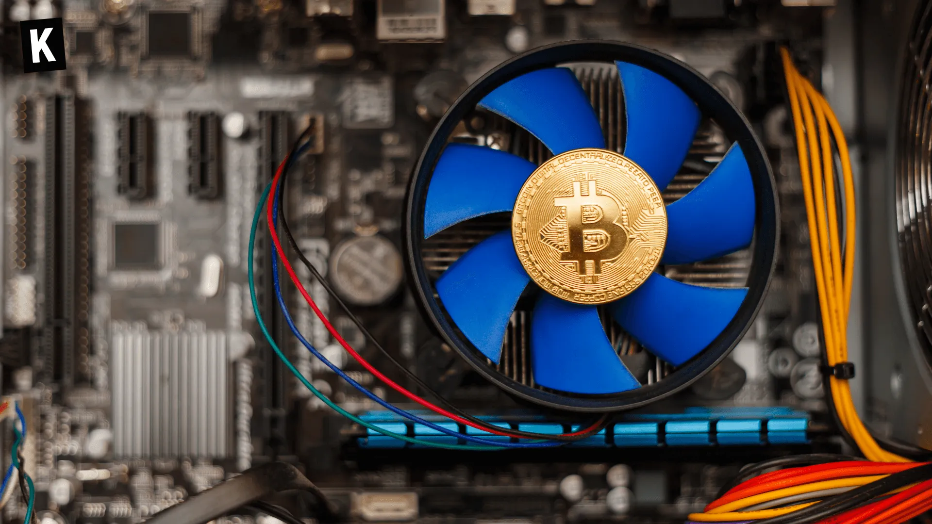 A Bitcoin on top of a computer fan, to symbolize mining Bitcoin