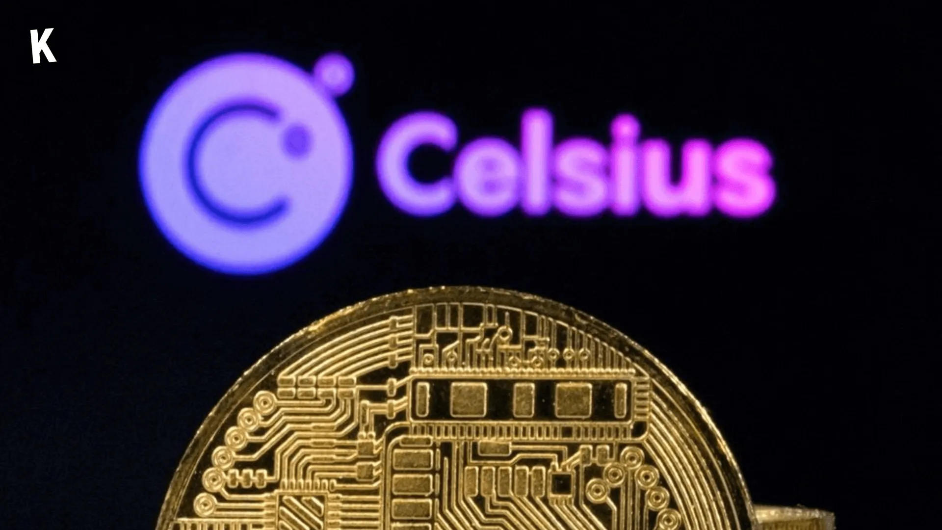 Représentation d'une pièce crypto, Logo Celsius sur fond noir en arrière-plan