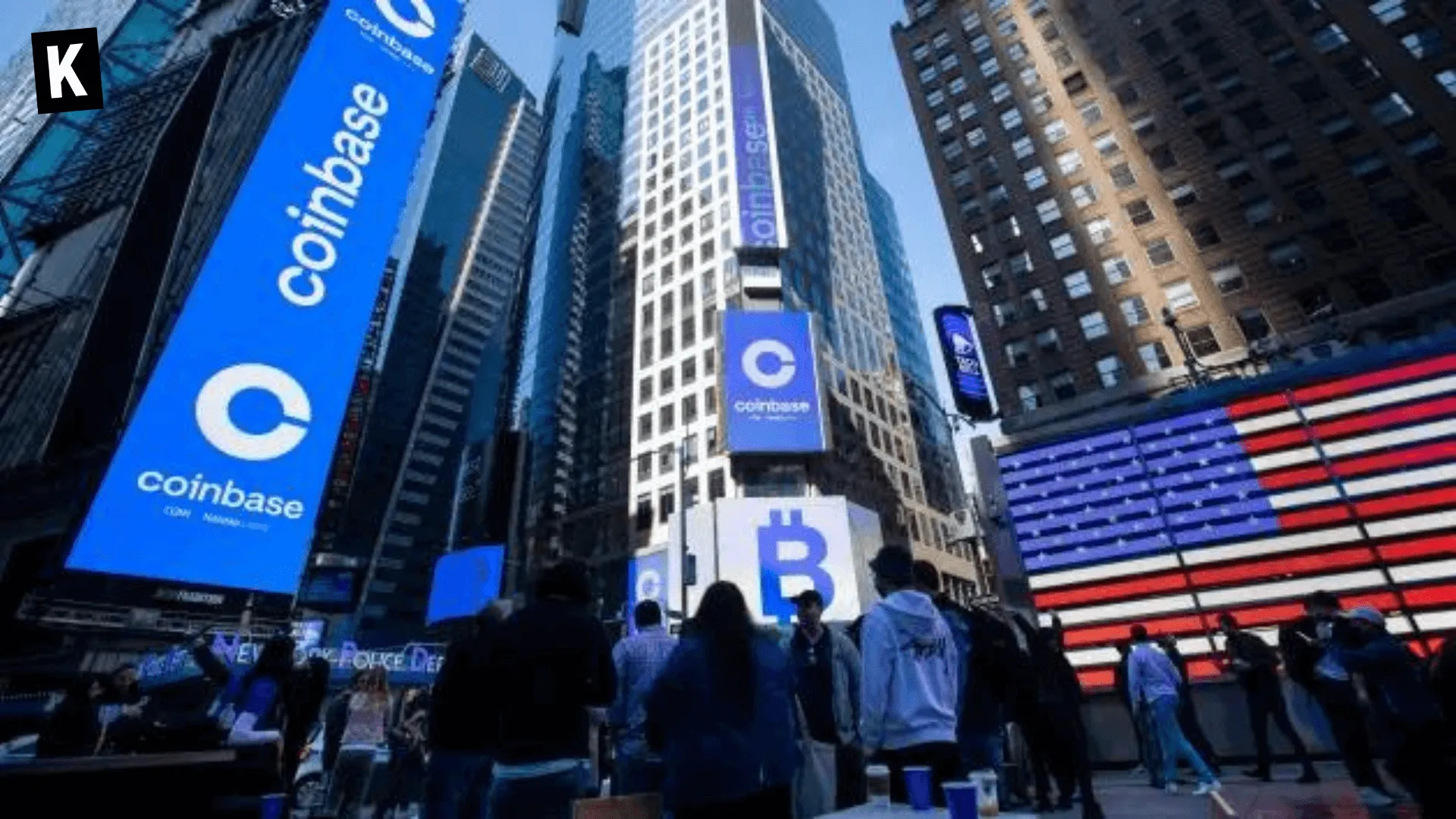 Coinbase marketing on New York displays in Manhattan during the IPO