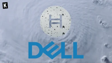 Logos d'Hedera et Dell sur un arrière-plan enneigé