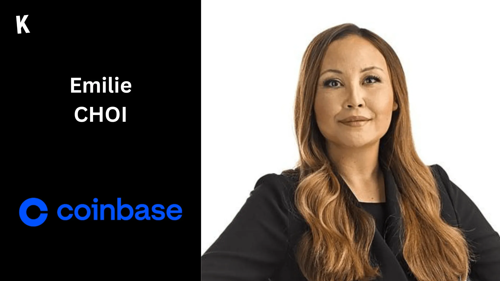Portrait Emilie Choi avec logo Coinbase