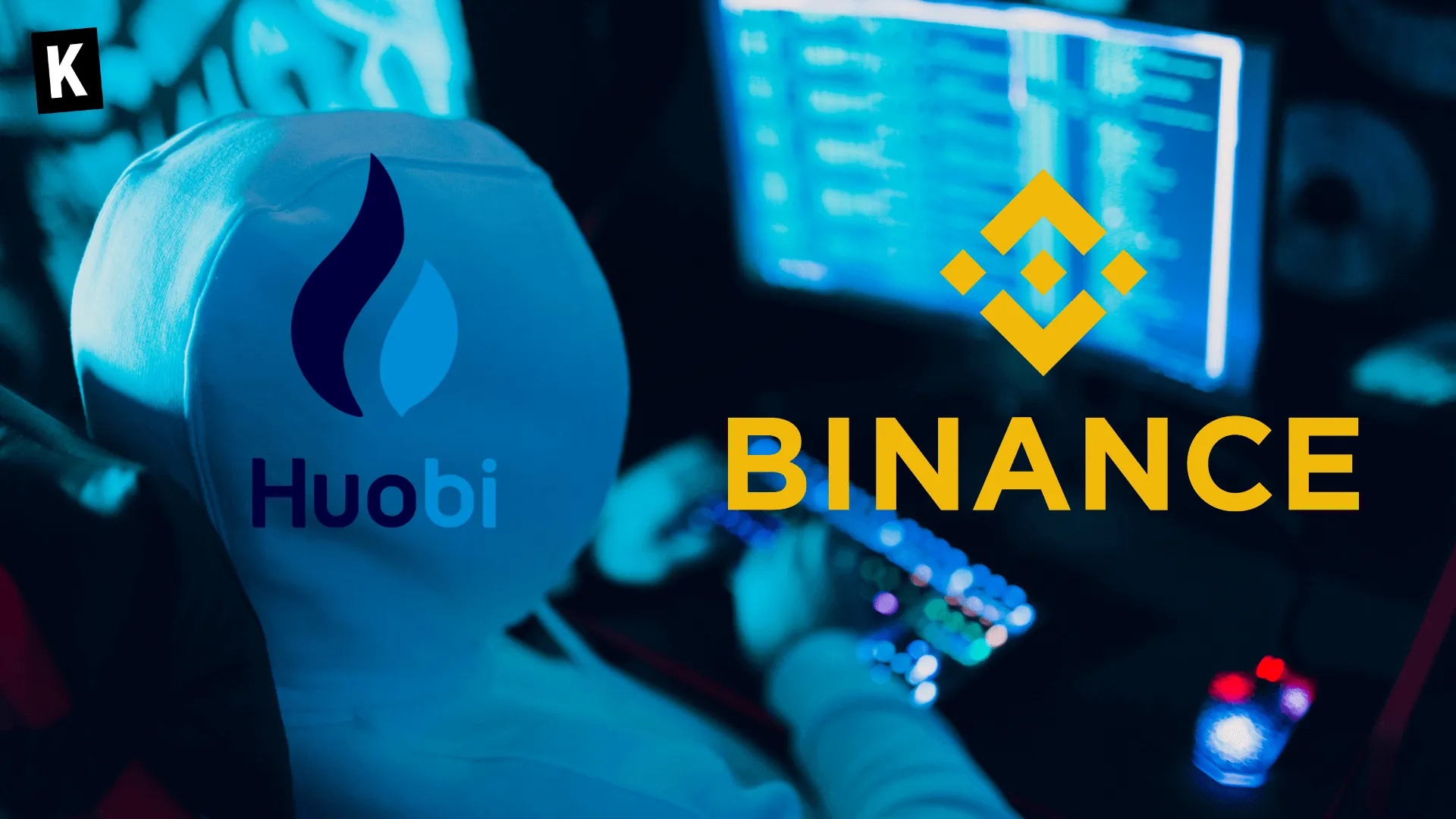 Huobi and Binance logos on a picture of someone coding, to represent hacking
