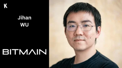 Portrait de Jihan Wu avec logo Bitmain