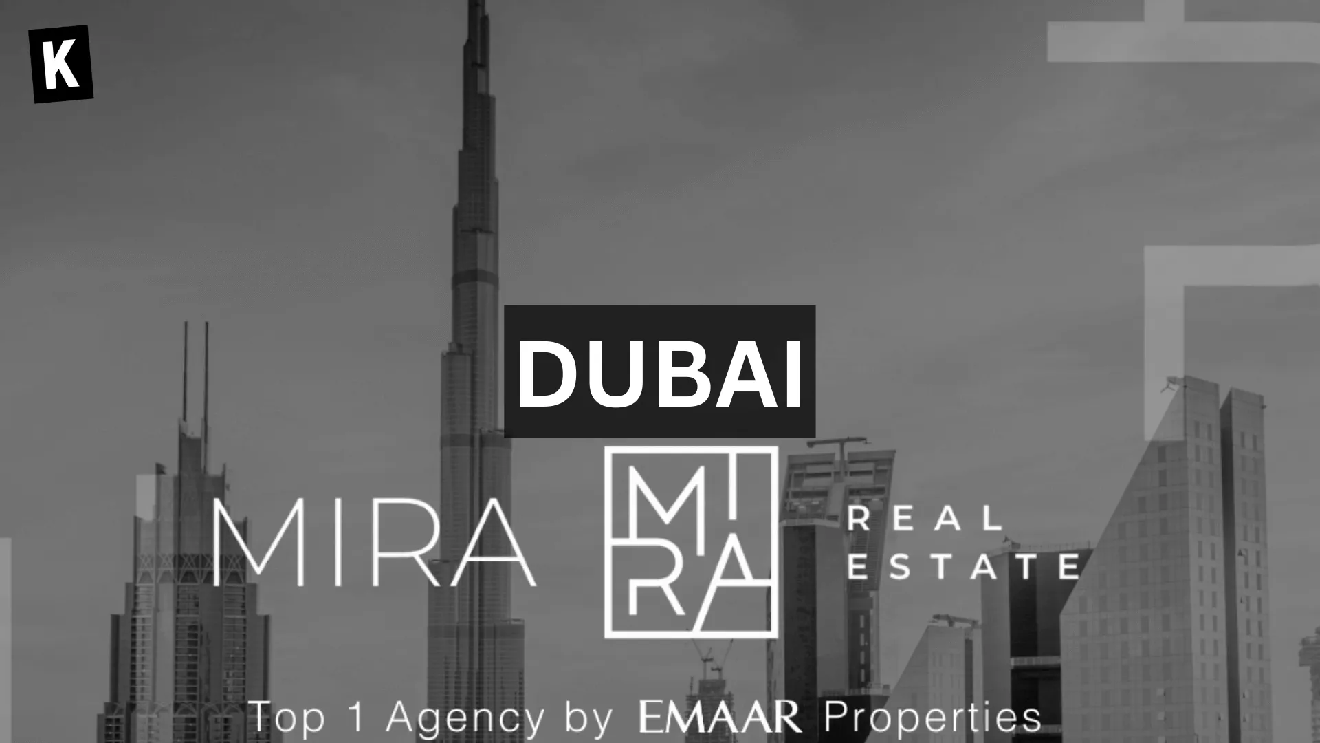 Logos de Mira Real Estate sur un arrière-plan de la ville de Dubaï avec l'iconique Burj Khalifa