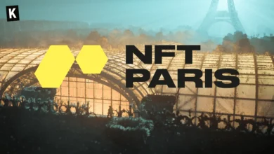 Logo de NFT Paris avec un arrière-plan représentant le Grand Palais Ephémère et la Tour Eiffel