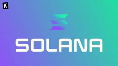 Logo Solana sur fond dégradé du violet au turquoise