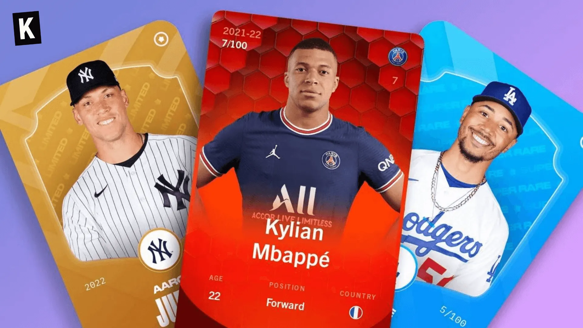 Trading cards from Sorare, with Kylian Mbappé wearing a Paris Saint Germain shirt