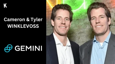 Tyler and Cameron Winklevoss Portait and Gemini logo