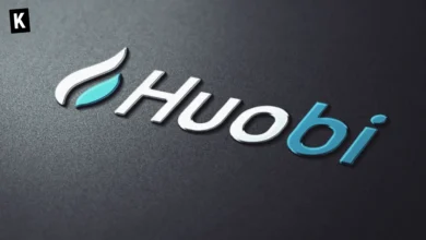 Huobi logo on black grainy background