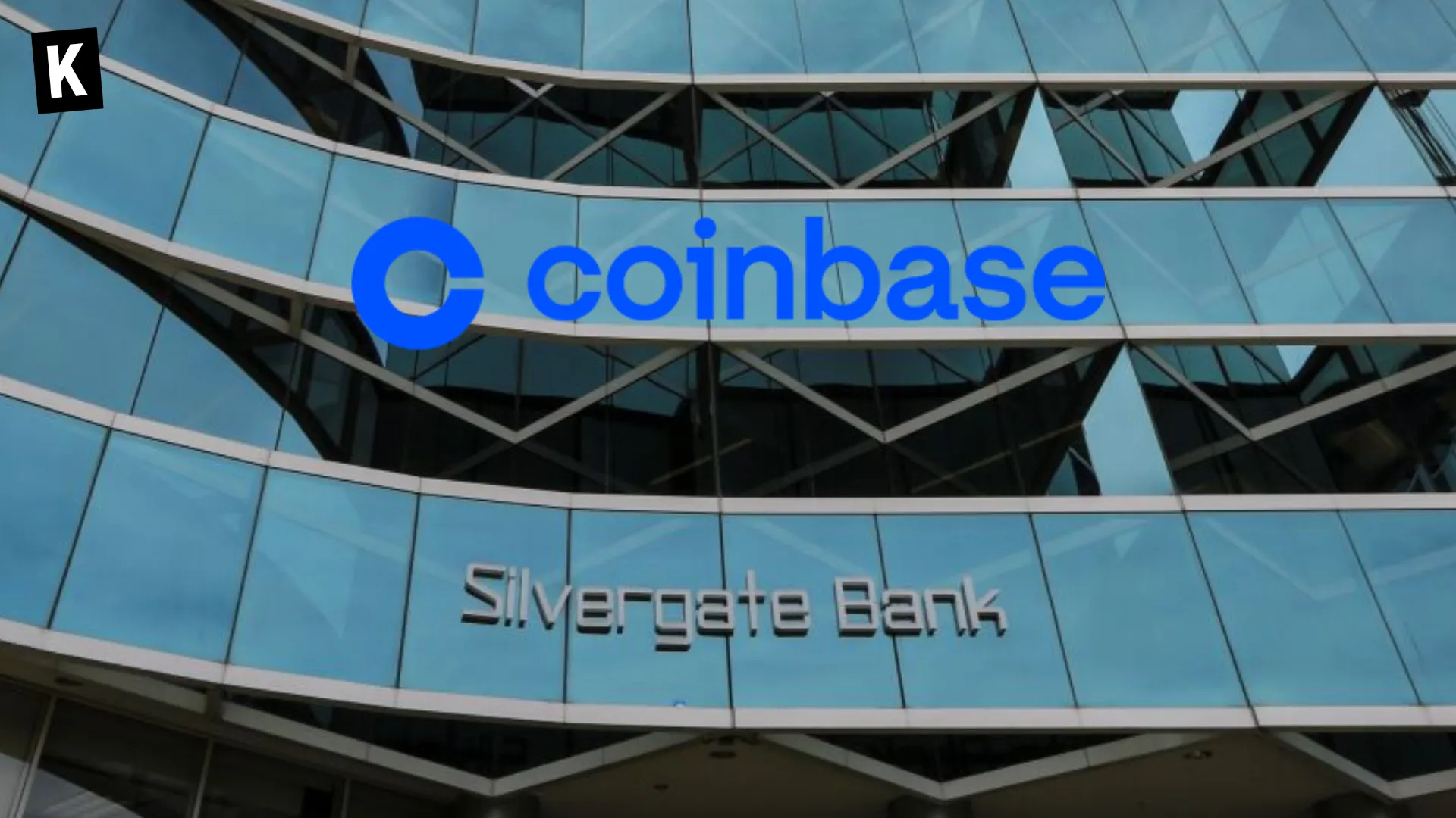 Logo Coinbase, Batiment Silvergate Banque en fond