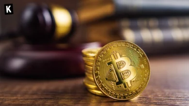 Bitcoins with gavel in the background