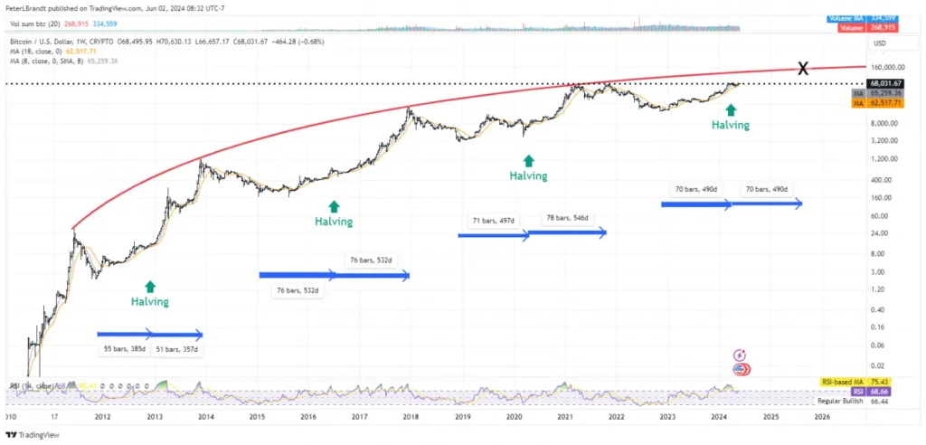 Bitcoin Chart showing Halving dates and Cycle Tops - Source: Peter Brandt